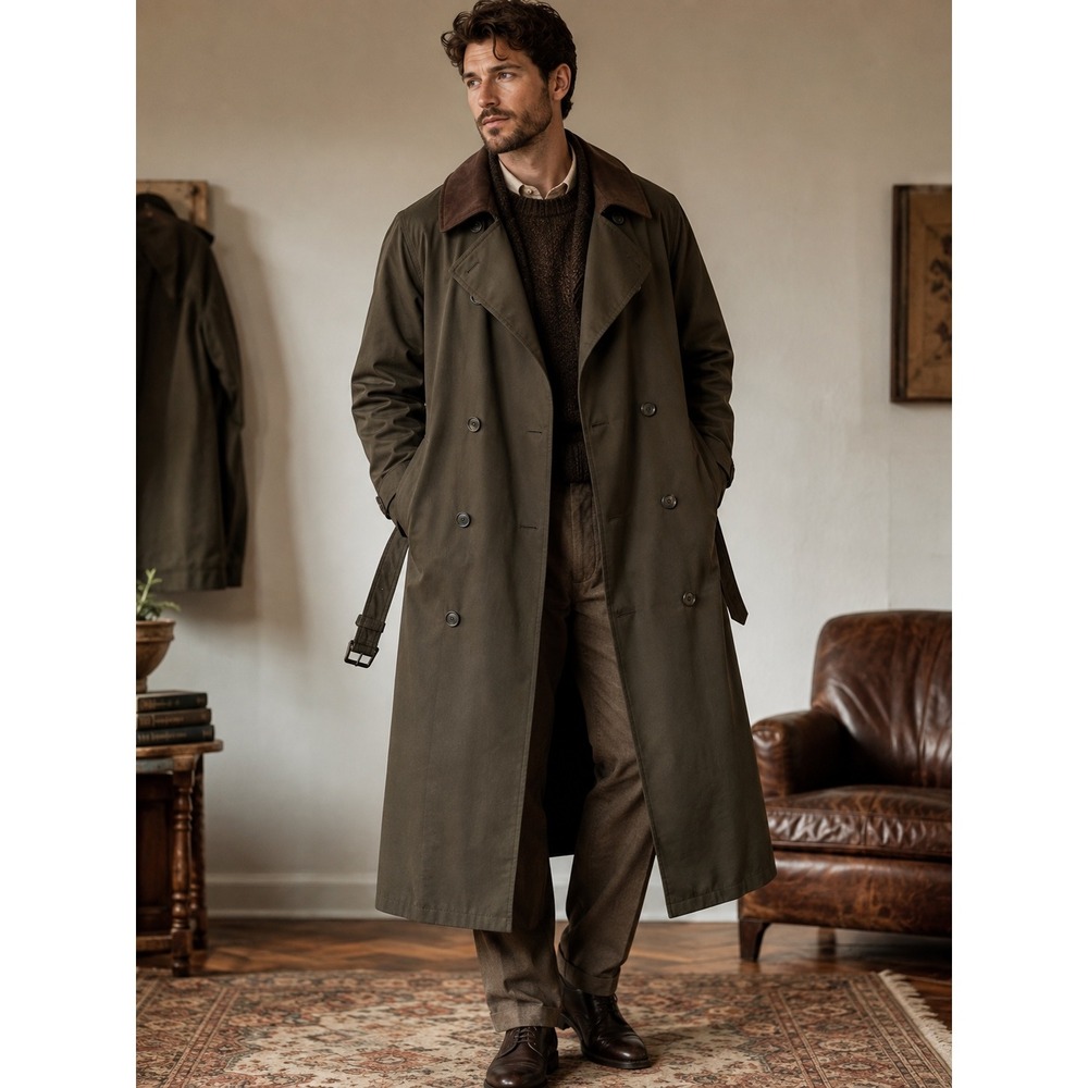 Vintage London Fog 44L Olive Full Length Trench Coat Removable Liner Belted